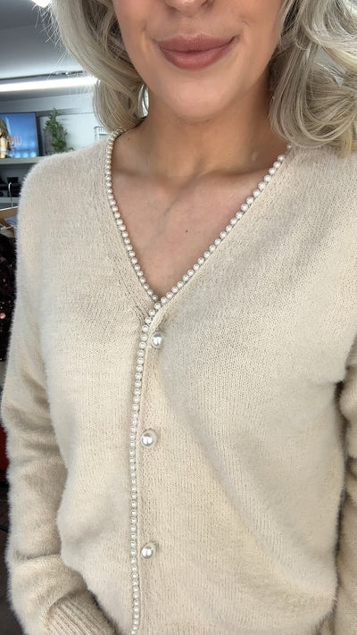 Vanessa Pearl Trim Cardigan in Beige