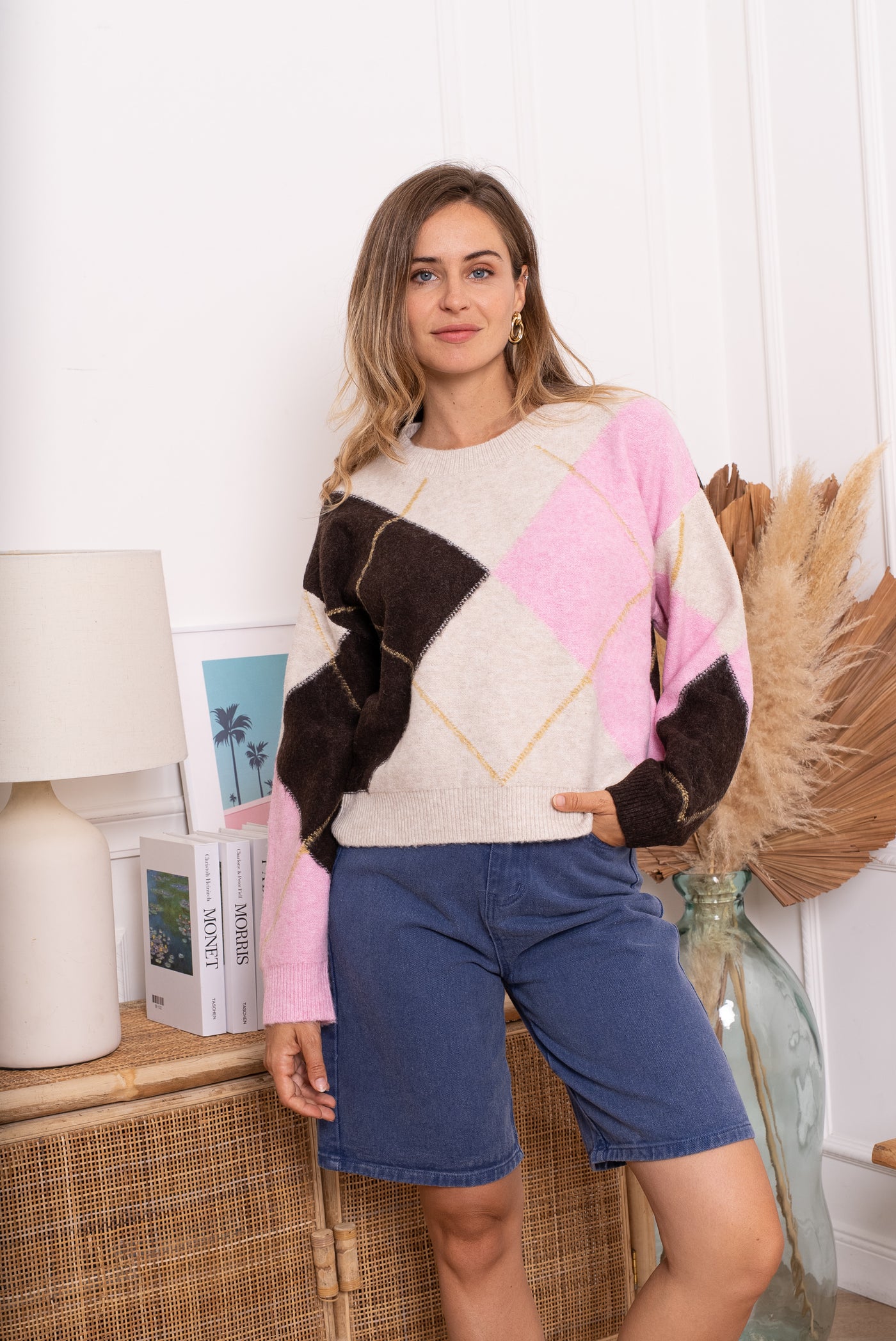 The Eliza Sweater in Cream, Pink & Brown