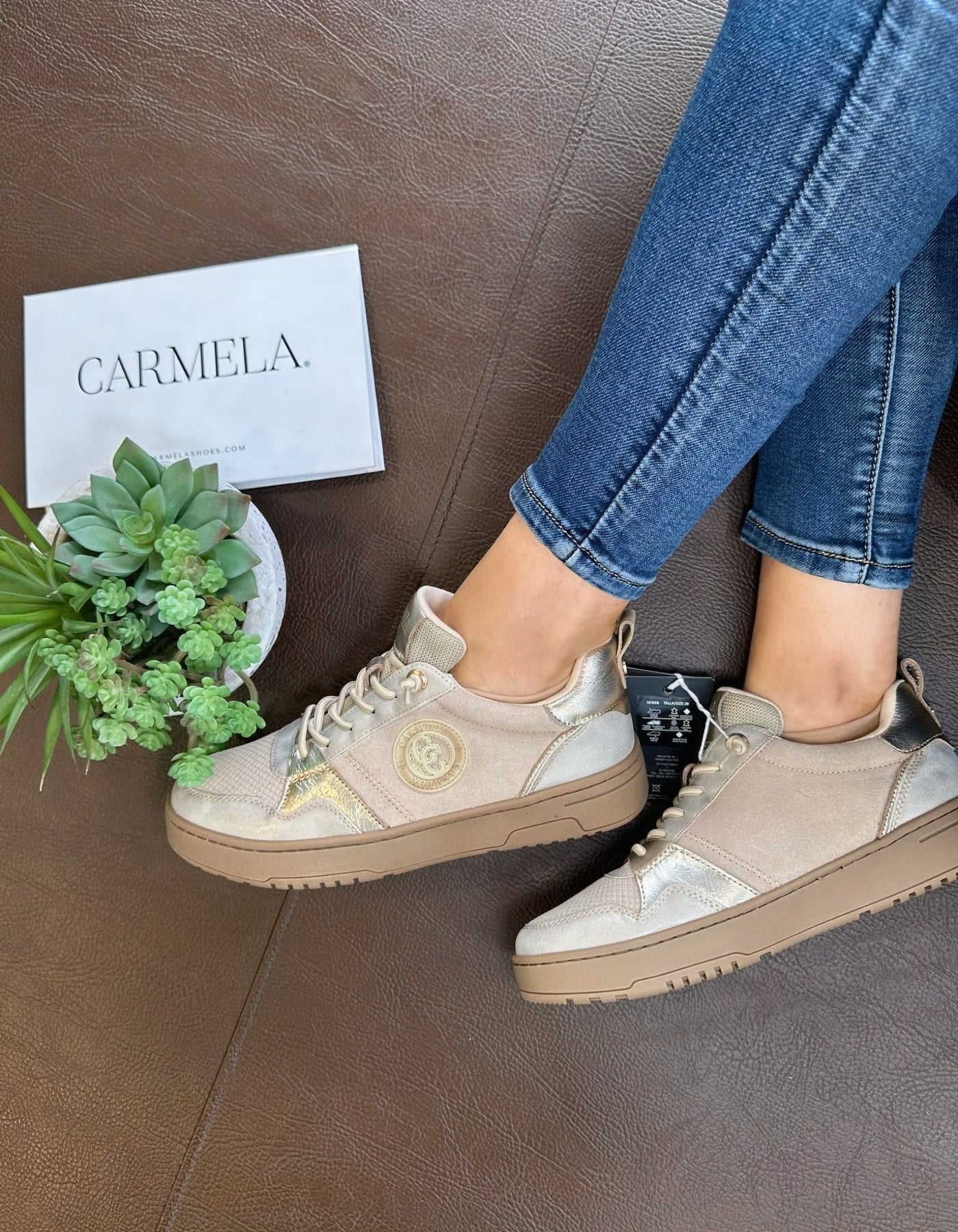 Carmela - Leather Wedge Trainer in Beige 161808