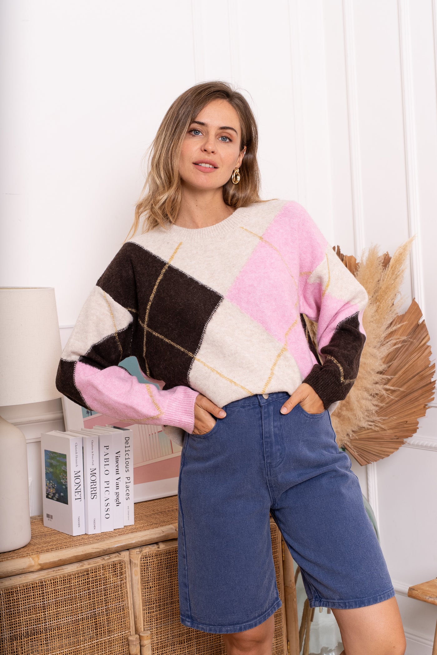 The Eliza Sweater in Cream, Pink & Brown