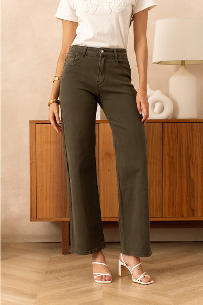 Lara Wide Leg Jeans in Khaki Green
