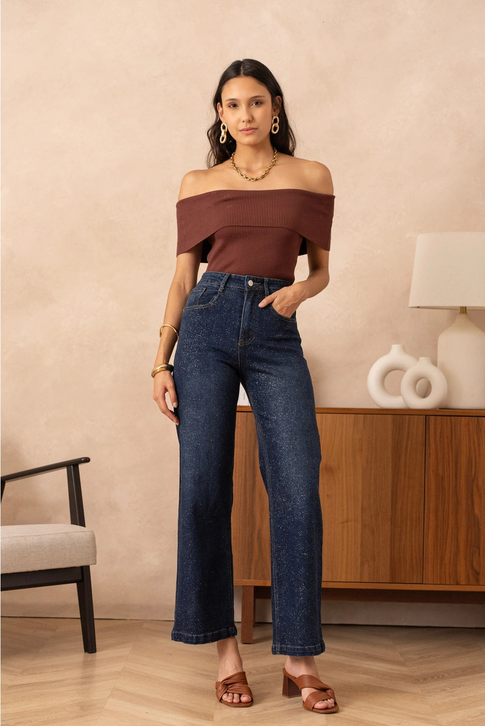 Naomi Sequin Wide Leg Jeans in Blue