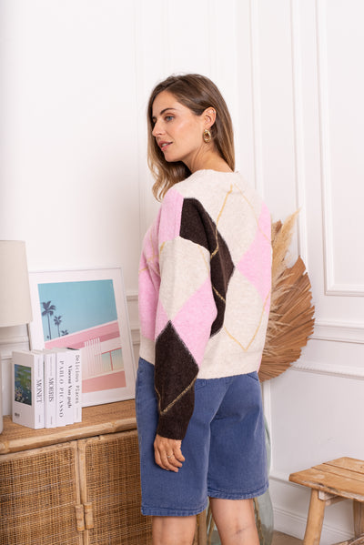 The Eliza Sweater in Cream, Pink & Brown