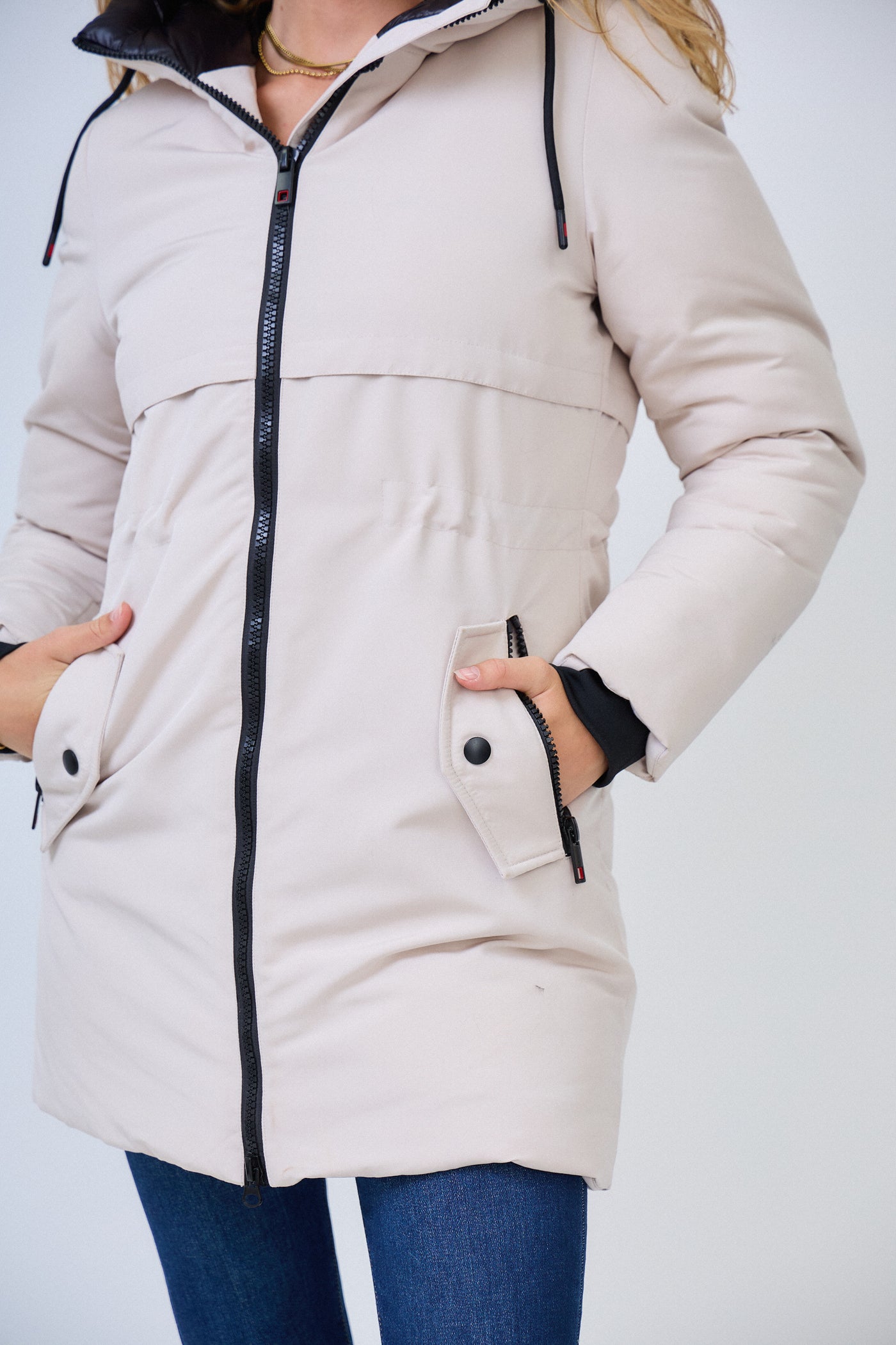 Jenny Padded Coat in Beige with Black Trim