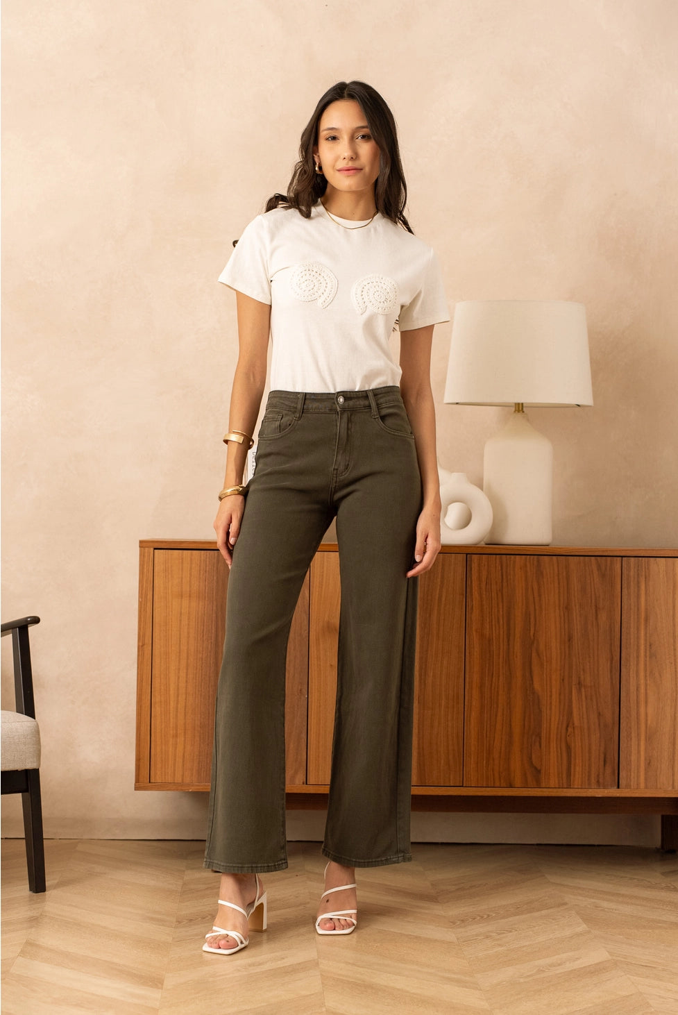 Lara Wide Leg Jeans in Khaki Green