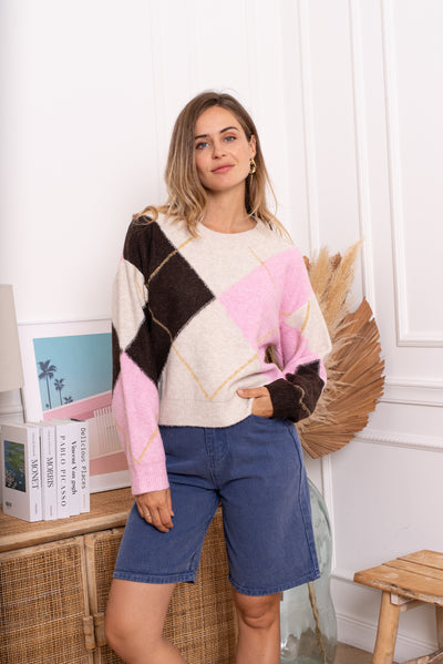 The Eliza Sweater in Cream, Pink & Brown