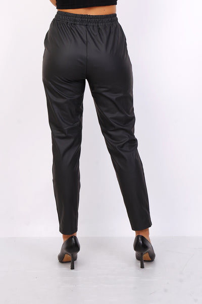 Cleo Cropped Straight Leg Leather Look Trousers in Black