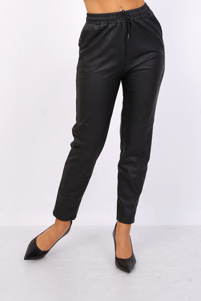 Cleo Cropped Straight Leg Leather Look Trousers in Black