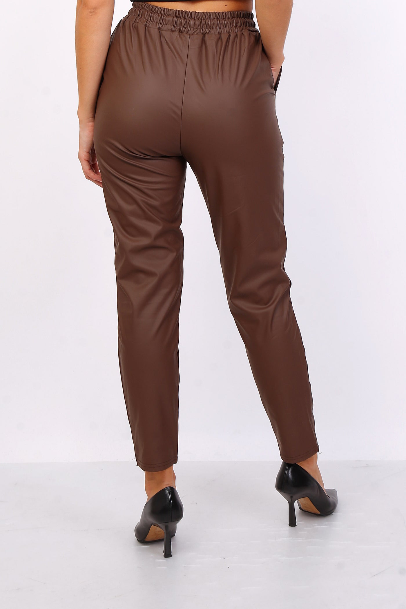 Cleo Cropped Straight Leg Leather Look Trousers in Brown