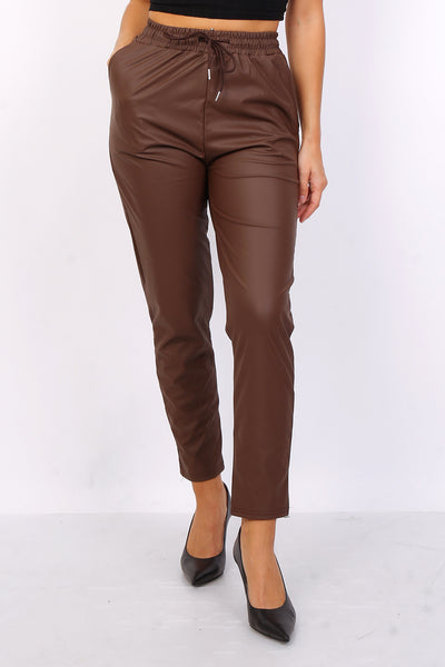 Cleo Cropped Straight Leg Leather Look Trousers in Brown