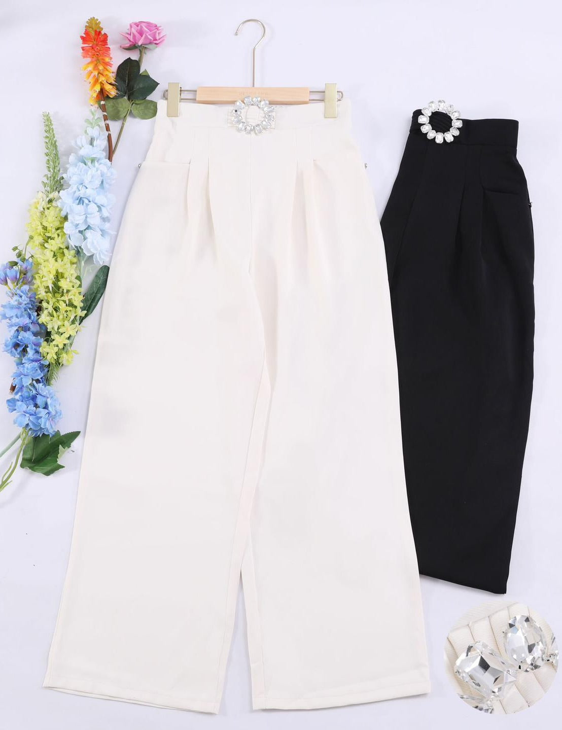 Wide leg trousers with Diamanté buckle in off white