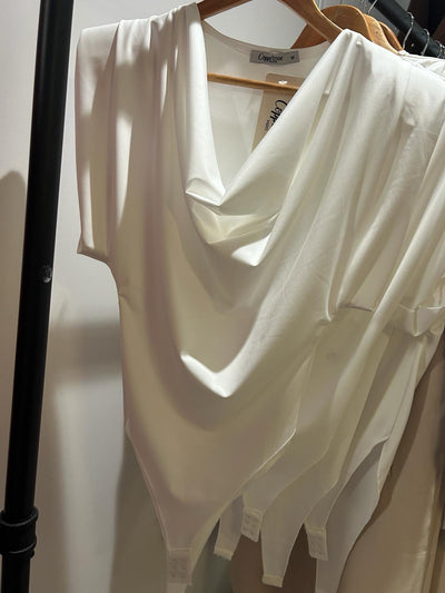 Padded Sleeve Drape Bodysuit in White