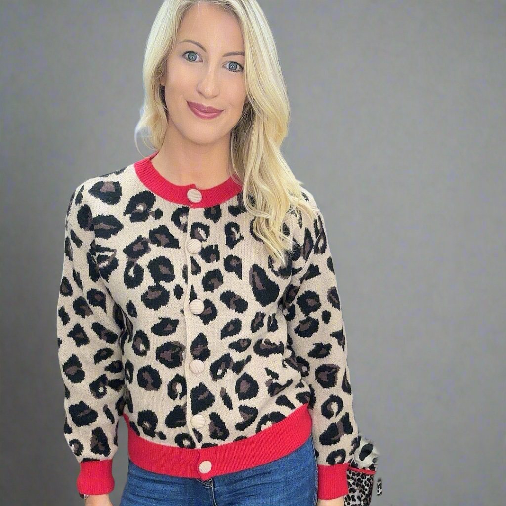 Adi Cardigan in Leopard with Red Trim