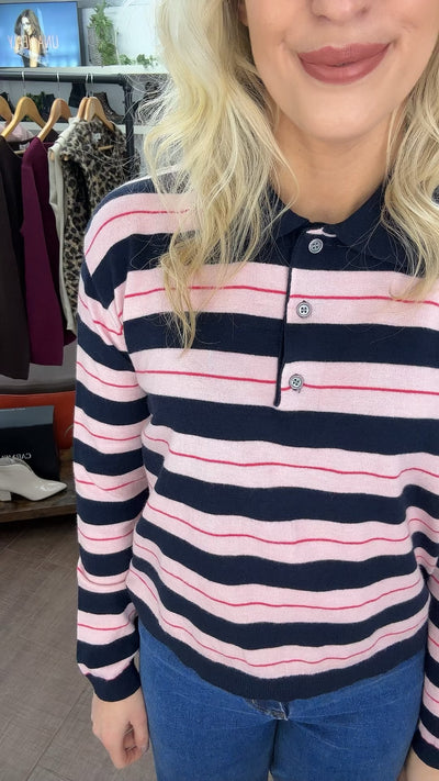 Ella Striped Polo Knit Top in Navy & Pink