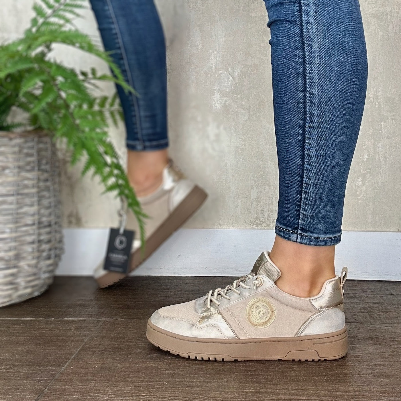 Carmela - Leather Wedge Trainer in Beige 161808