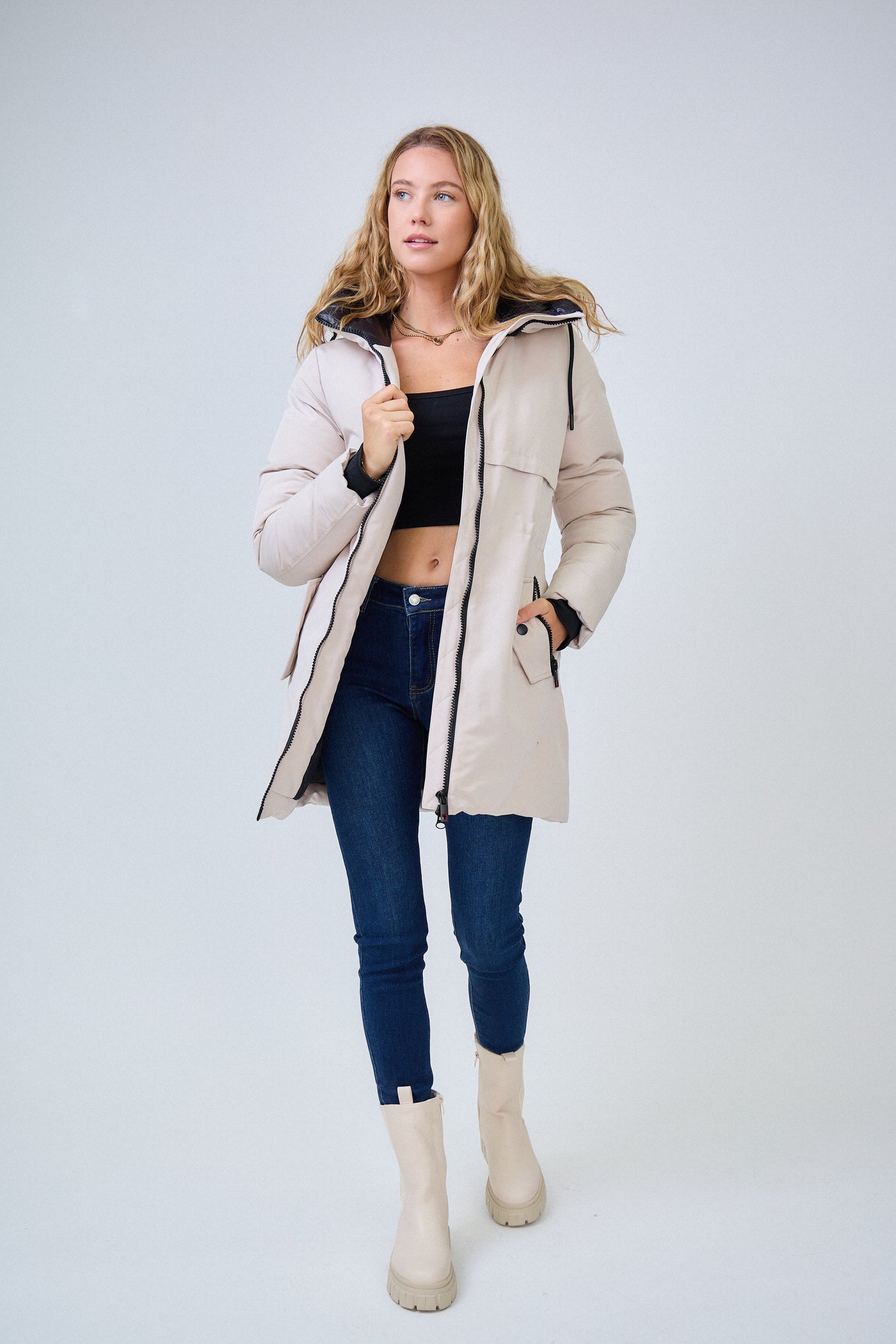 Jenny Padded Coat in Beige with Black Trim