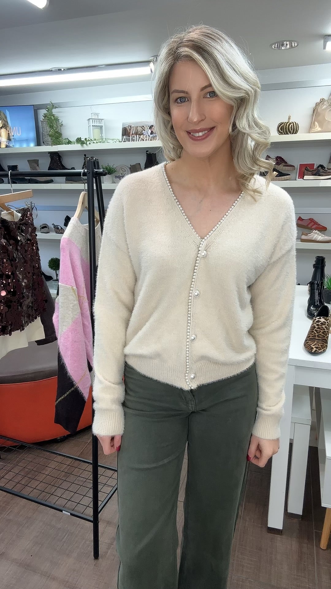 Vanessa Pearl Trim Cardigan in Beige