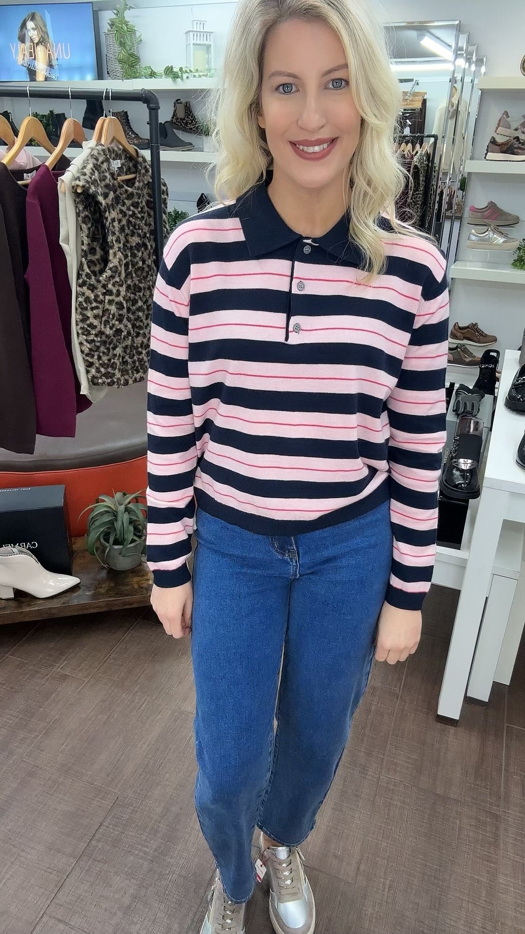 Ella Striped Polo Knit Top in Navy & Pink