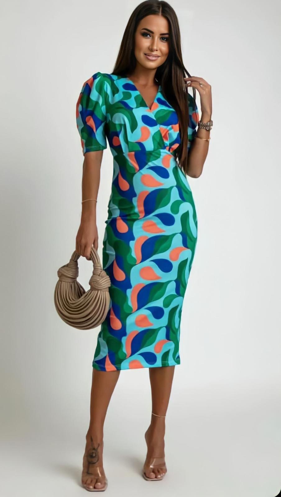 Gigi Midi Dress in Blue & Green Multi