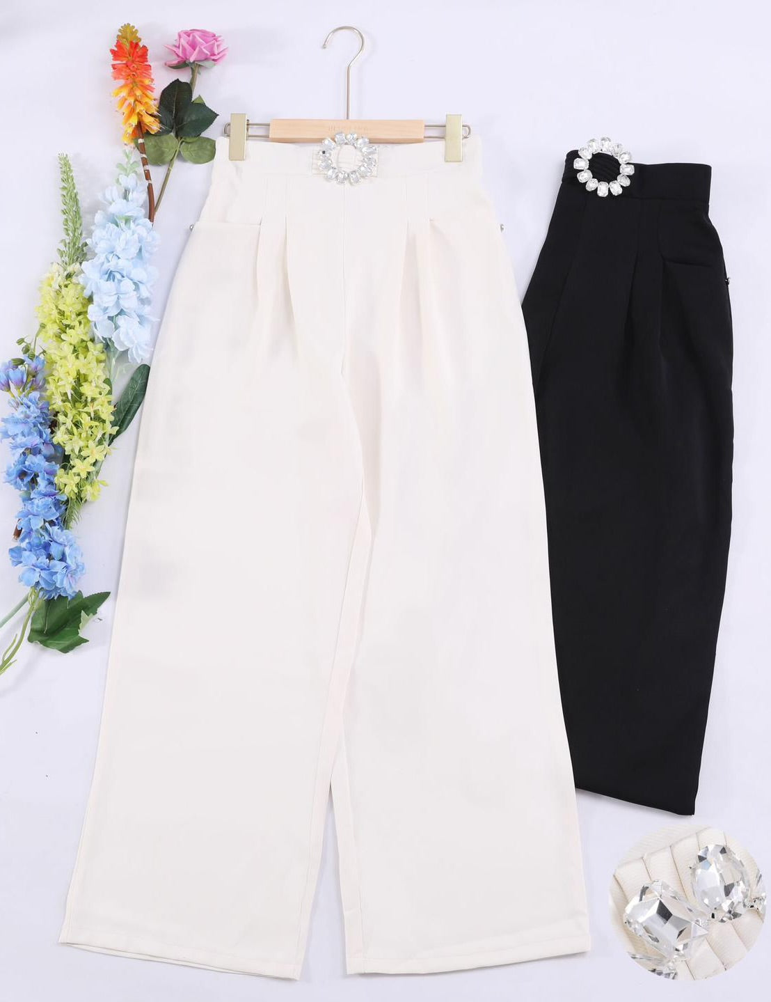 Wide leg trousers with Diamanté buckle in Black