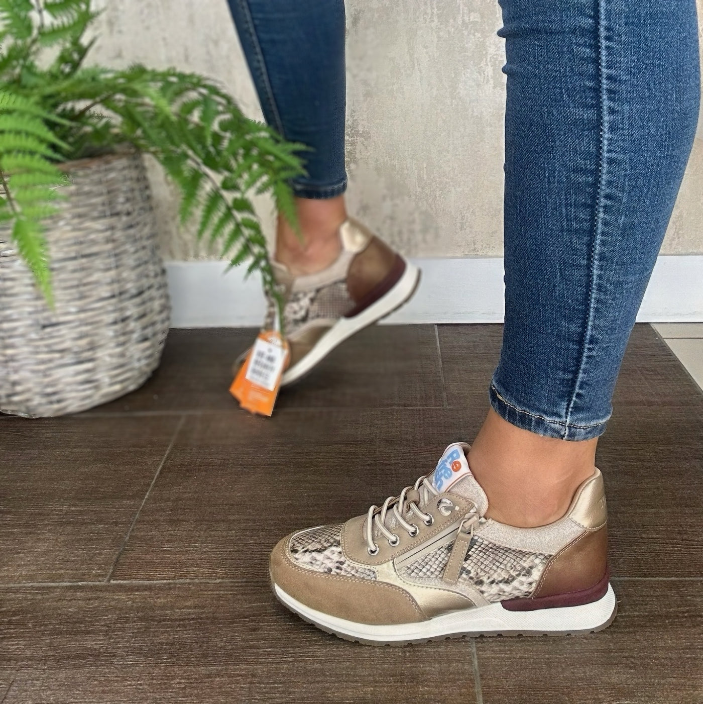 Refresh – Trainers in Camel & Gold with Snake Print Detail 172960