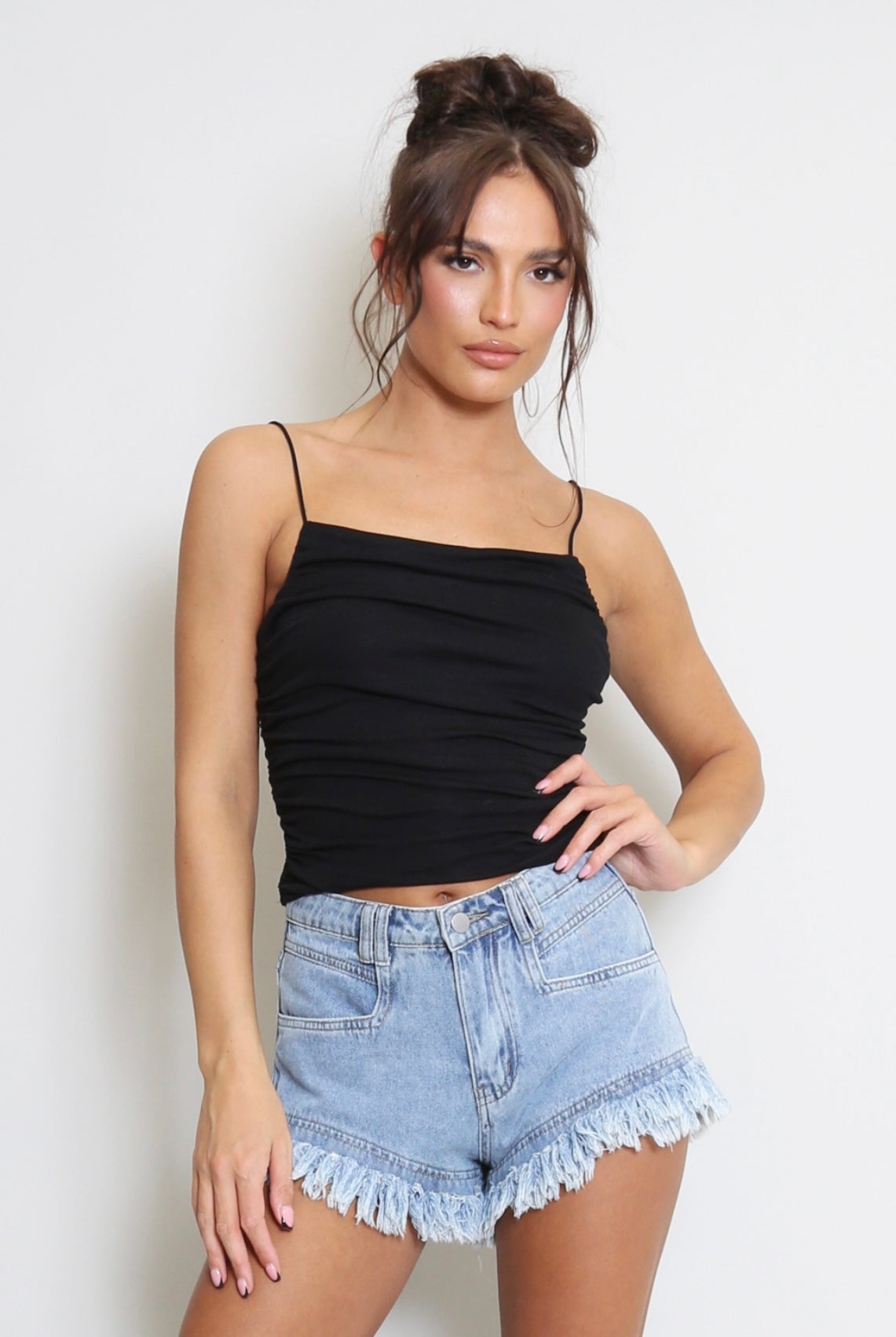 Strappy Ruched Cami Top in Black