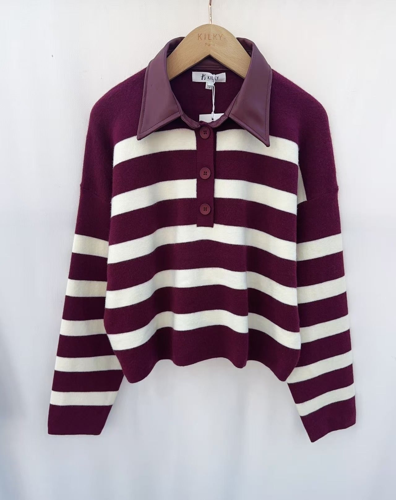 *Pre-Order - Arriving early next week* Sierra Stripe Knit with Contrast Collar in Burgundy & Cream