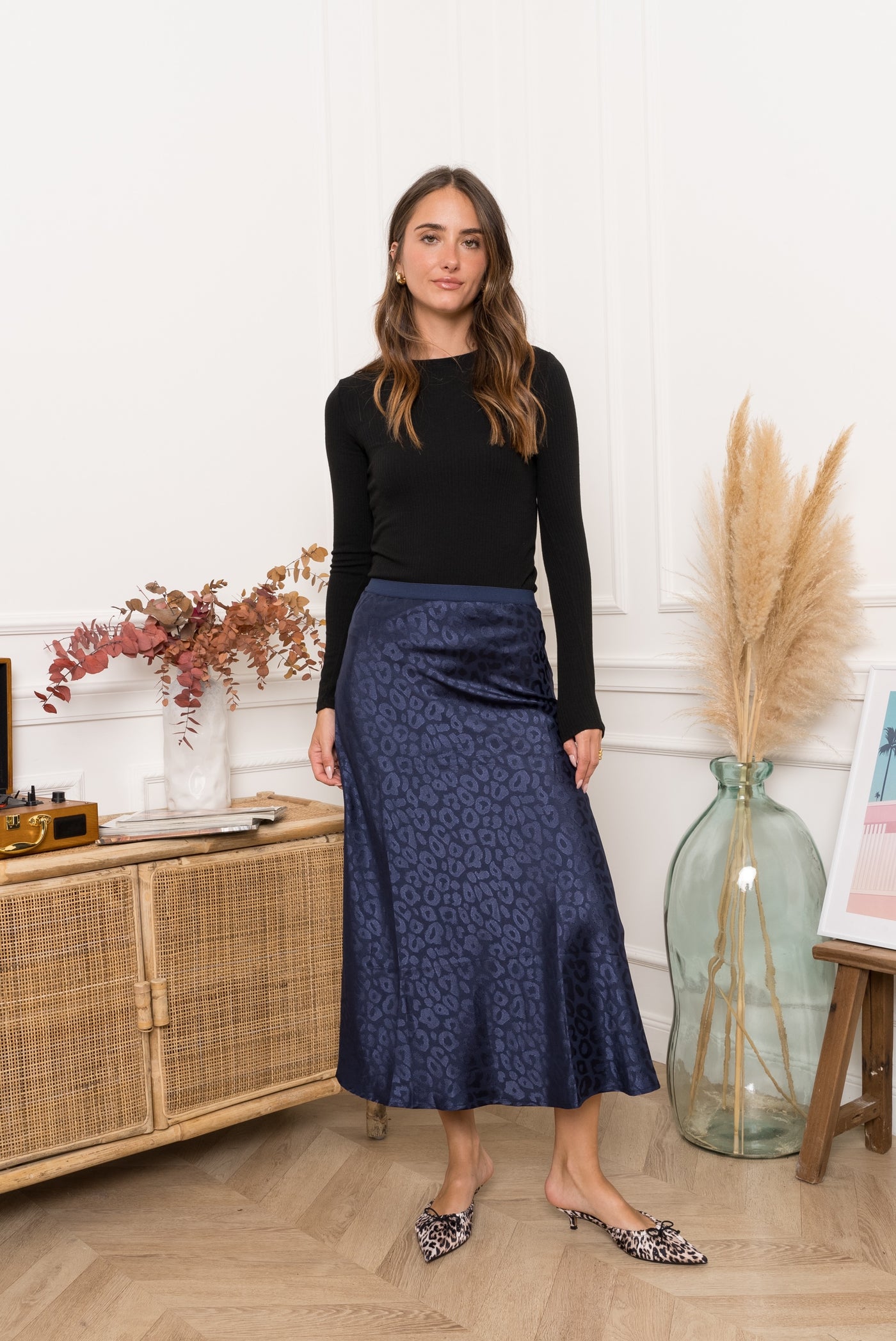 Ursula Satin Leopard Skirt in Pearlised Navy