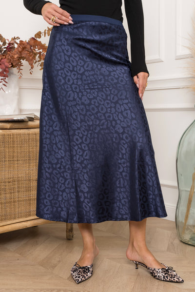 Ursula Satin Leopard Skirt in Pearlised Navy