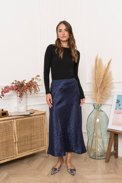 Ursula Satin Leopard Skirt in Pearlised Navy