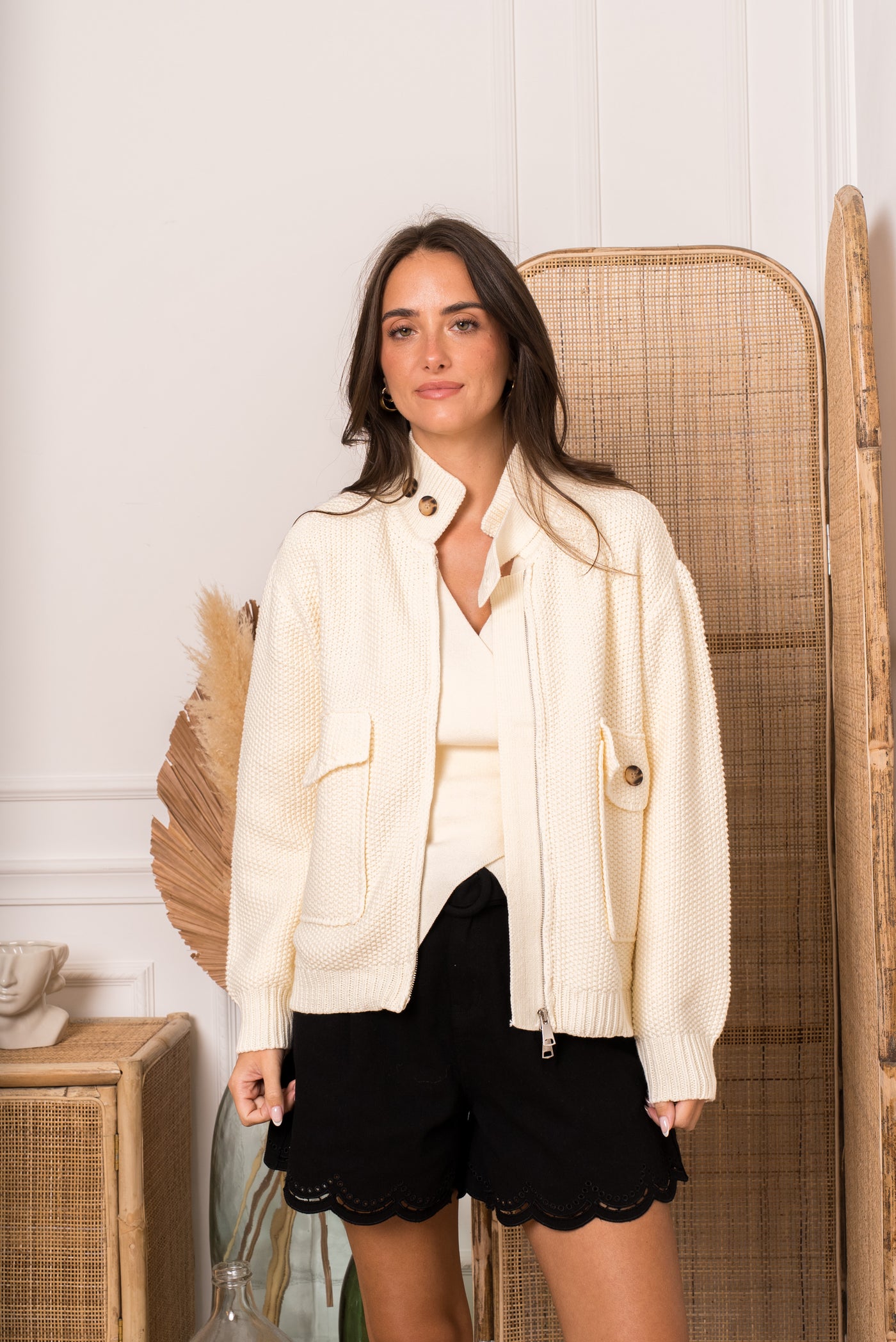 Quinn Pocket Knit Zip-Up in Cream