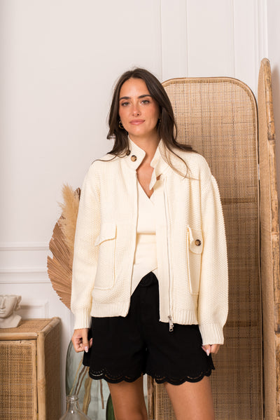 Quinn Pocket Knit Zip-Up in Cream