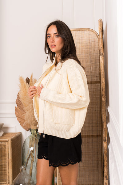 Quinn Pocket Knit Zip-Up in Cream