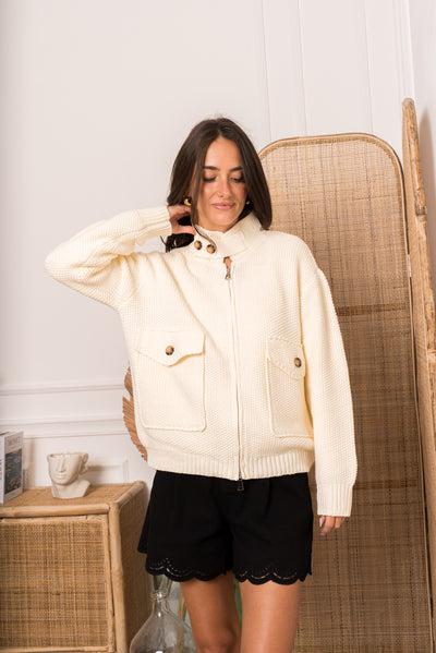Quinn Pocket Knit Zip-Up in Cream