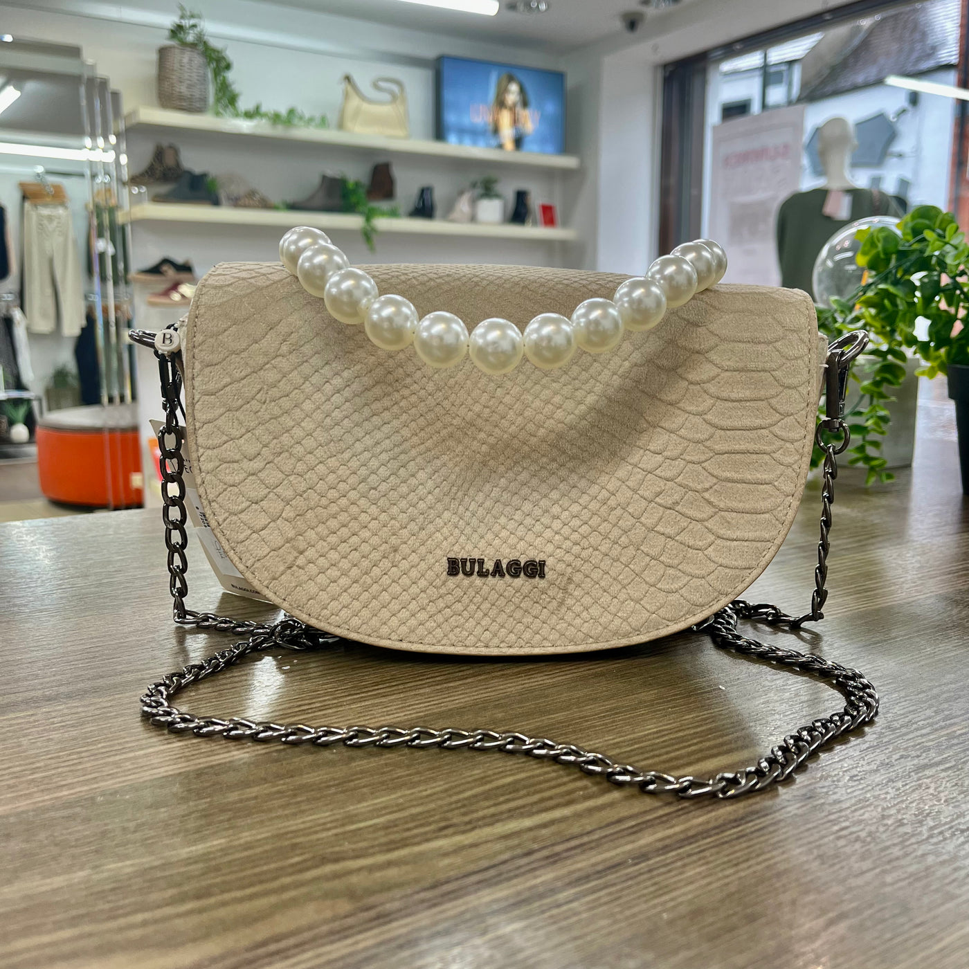 Bulaggi Bag Snakeskin in Cream with Pearl Detail