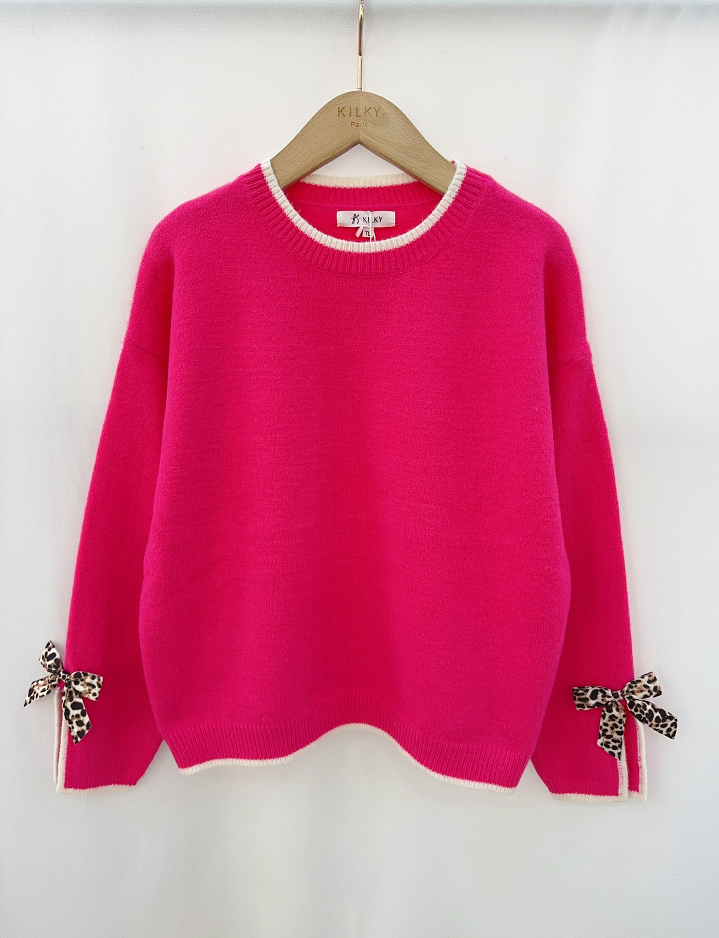 Sophie Jumper in Hot Pink with leopard Bow Detail