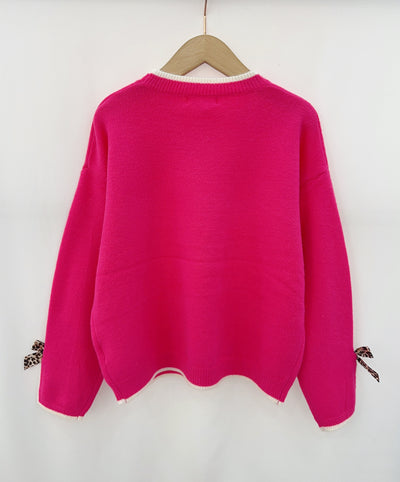 Sophie Jumper in Hot Pink with leopard Bow Detail