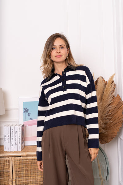 Sierra Stripe Knit with Contrast Collar in Marine Navy & Cream