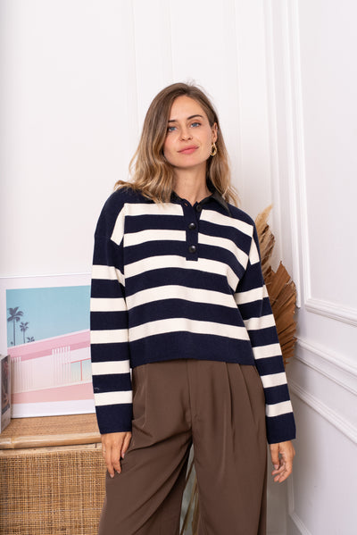 Sierra Stripe Knit with Contrast Collar in Marine Navy & Cream