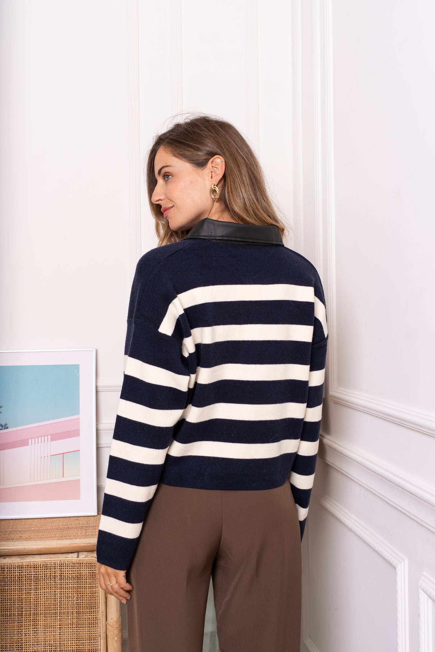 Sierra Stripe Knit with Contrast Collar in Marine Navy & Cream