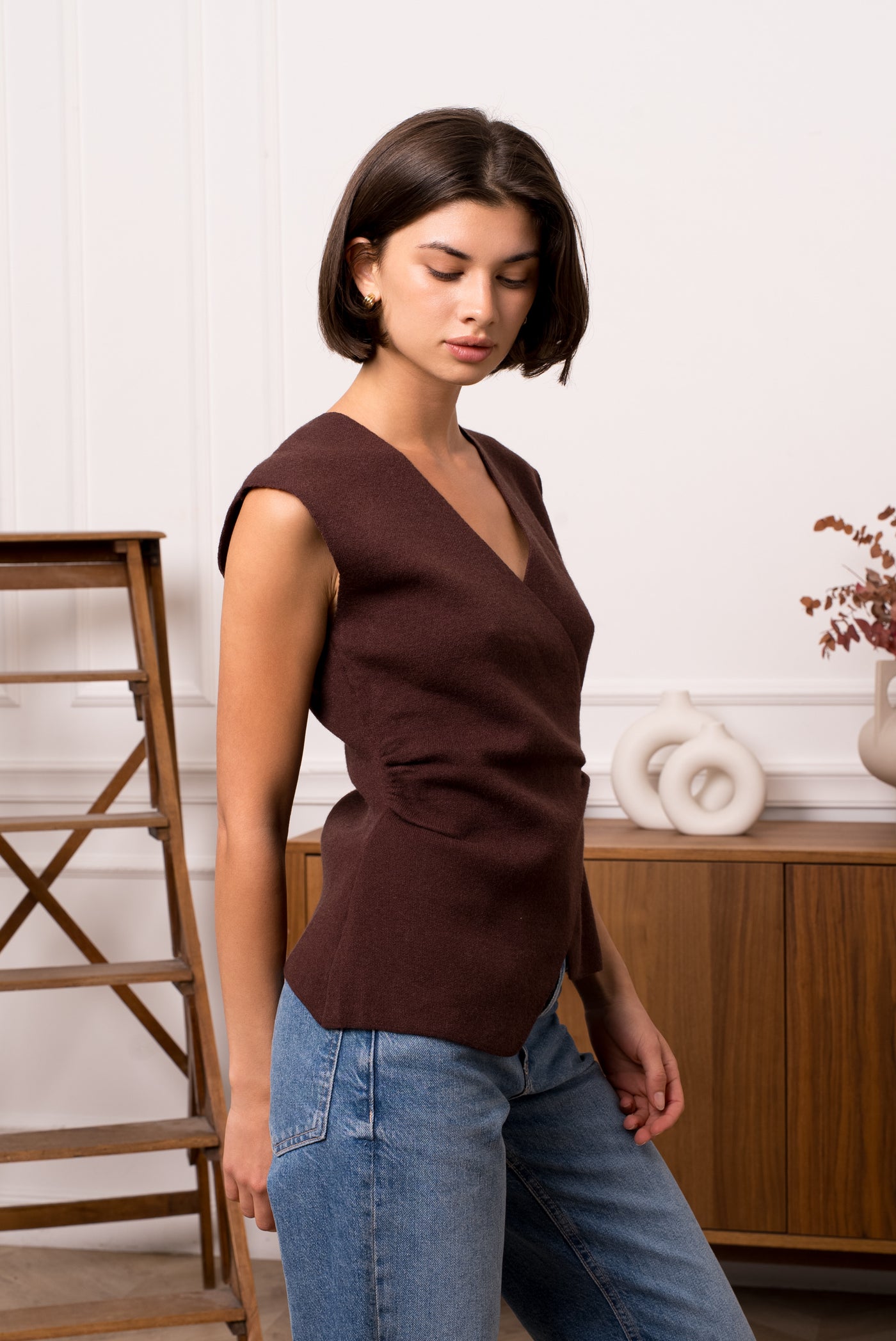 Claudia Wrap Knit Top in Coffee