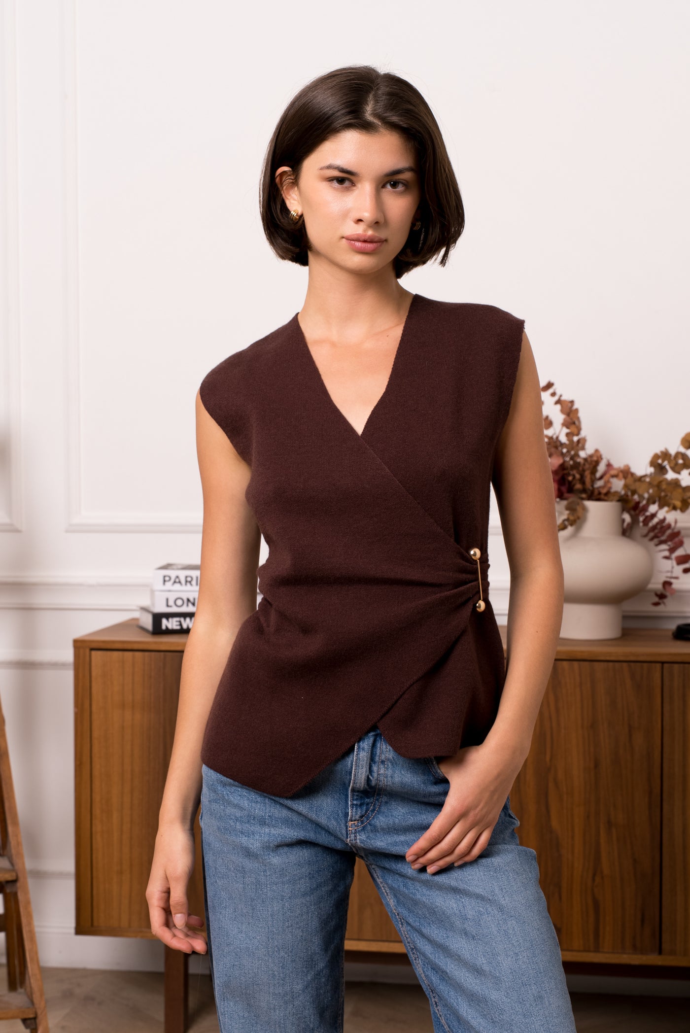 Claudia Wrap Knit Top in Coffee