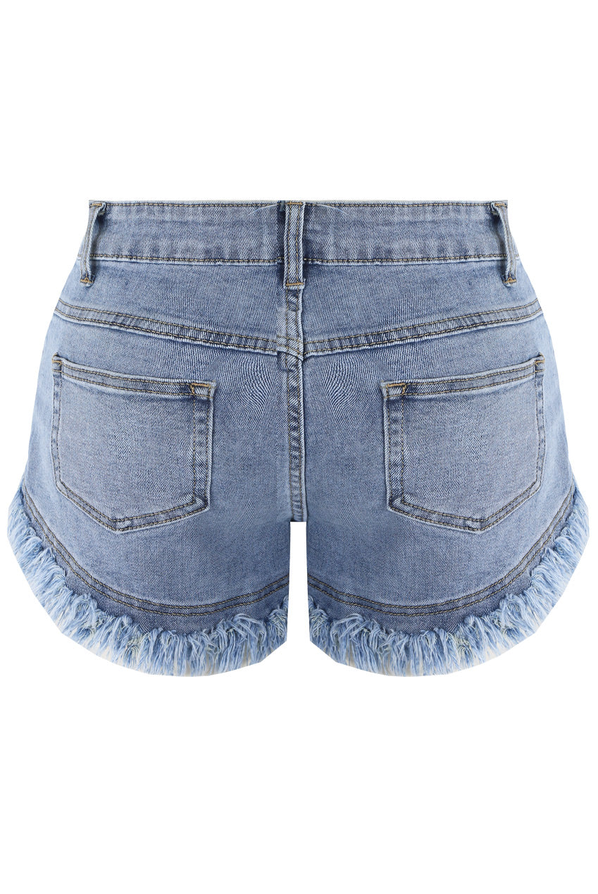 Wash Frayed Hem Denim Shorts in Blue