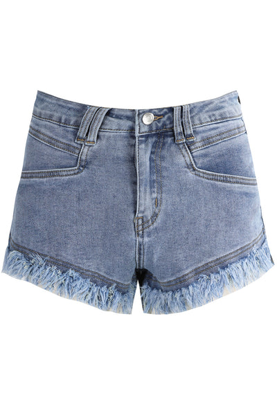 Wash Frayed Hem Denim Shorts in Blue