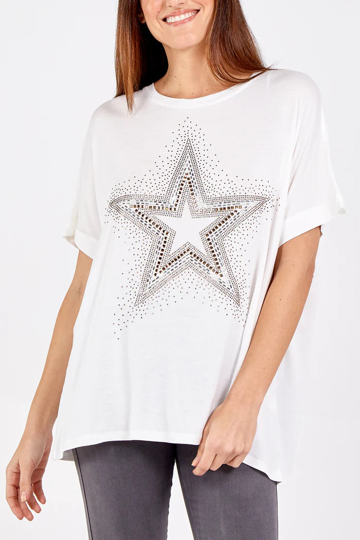 Star Diamante T-Shirt in Ivory