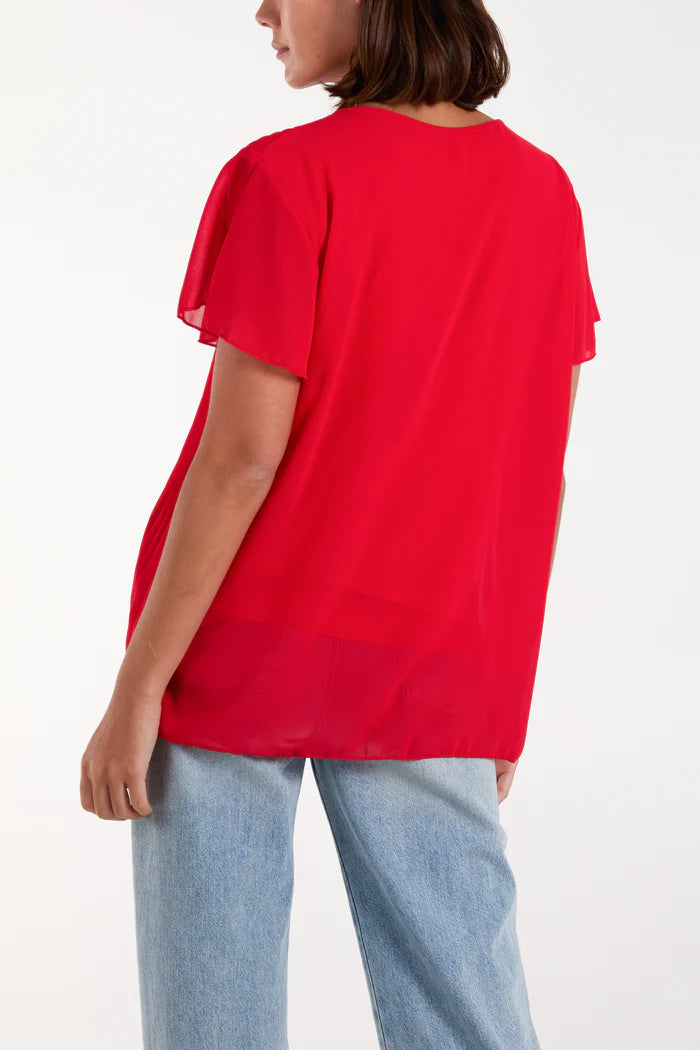 The Nova Necklace Pleated Top in Red