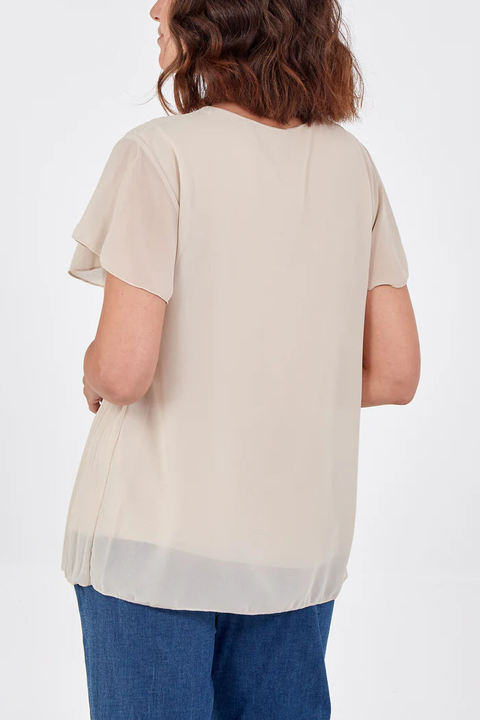 The Nova Necklace Pleated Top in Beige