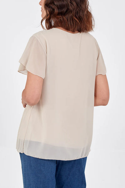 The Nova Necklace Pleated Top in Beige