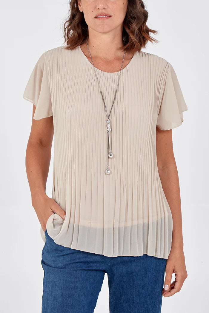 The Nova Necklace Pleated Top in Beige