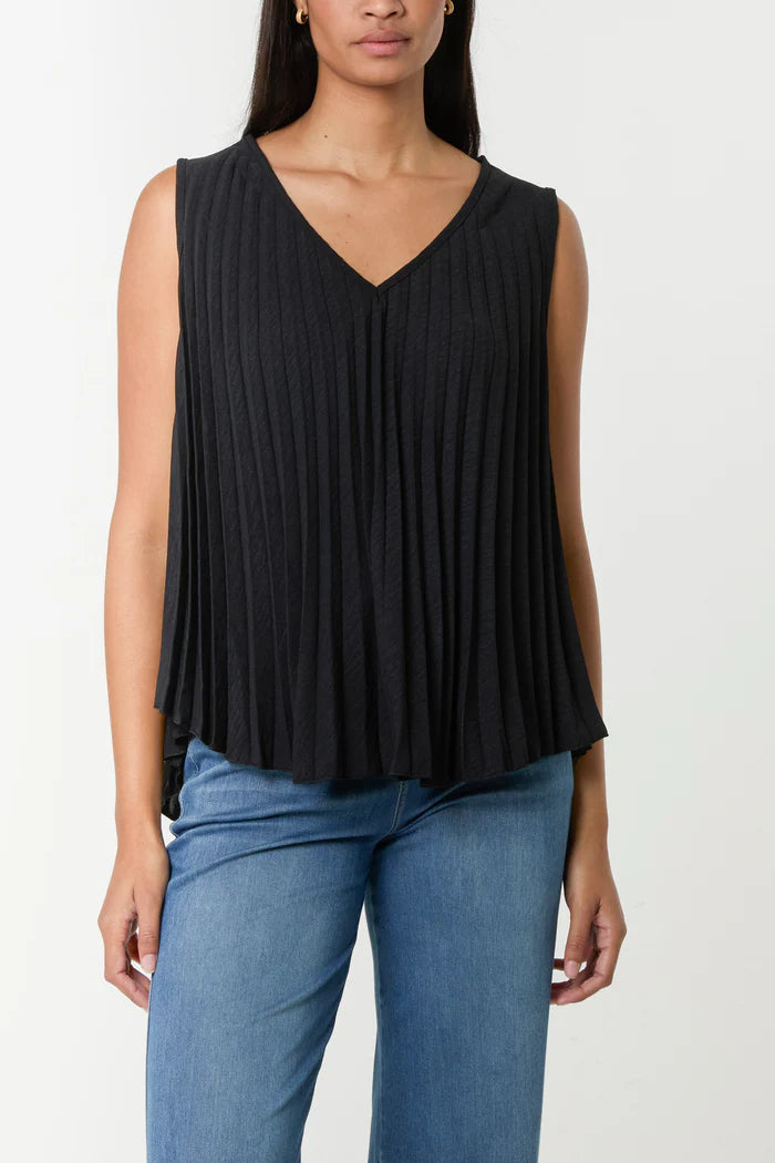 The Luna Pleated V-Neck Sleeveless Top in Black